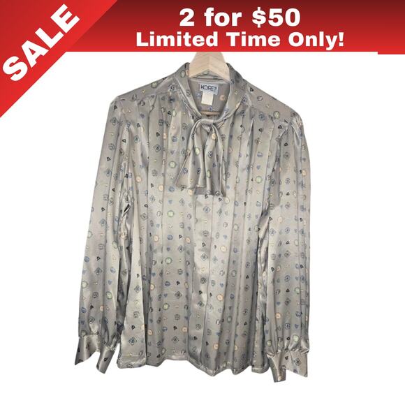 [Sale: 2 for $50!] Koret Vintage Silver Gray Silky Tie Neck Blouse Size 16 0314 - Picture 1 of 9